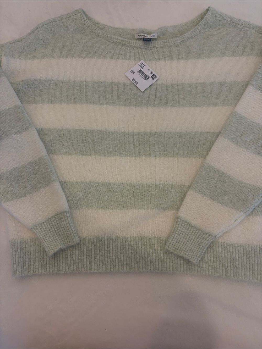 American Eagle Outfitters Striped Crewneck Sweater in Sage Green and Cream